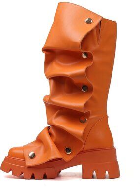 Women's Orange Faux Leather Fold Over Slouchy Chunky Stacked Round Toe Boots